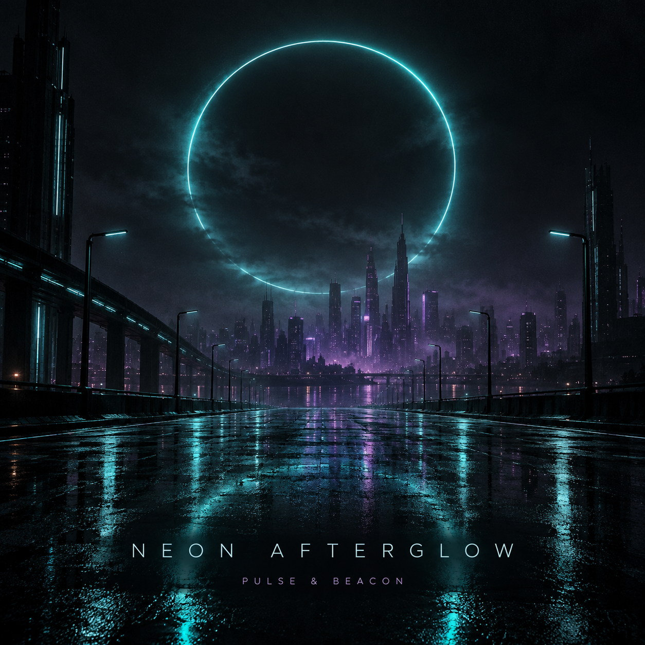 雨に濡れた未来都市にシアンの光の輪が浮かぶ、Neon Afterglowのジャケット